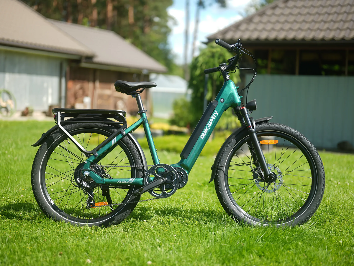 Dukawey FUGL3.0 green 120 km range city e-bike side view outdoors