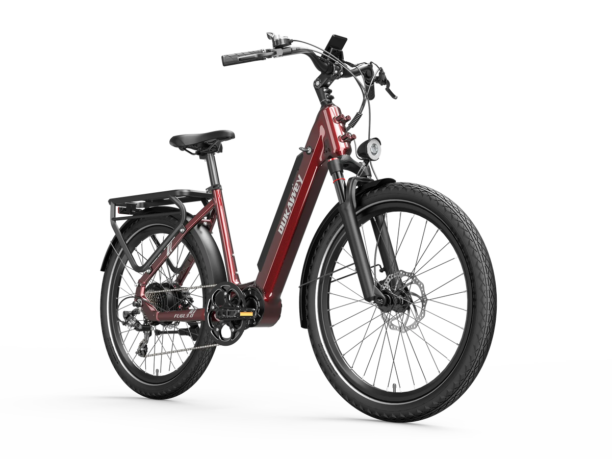 Dukawey FUGL3.0 red torque sensor e-bike rear three-quarter view