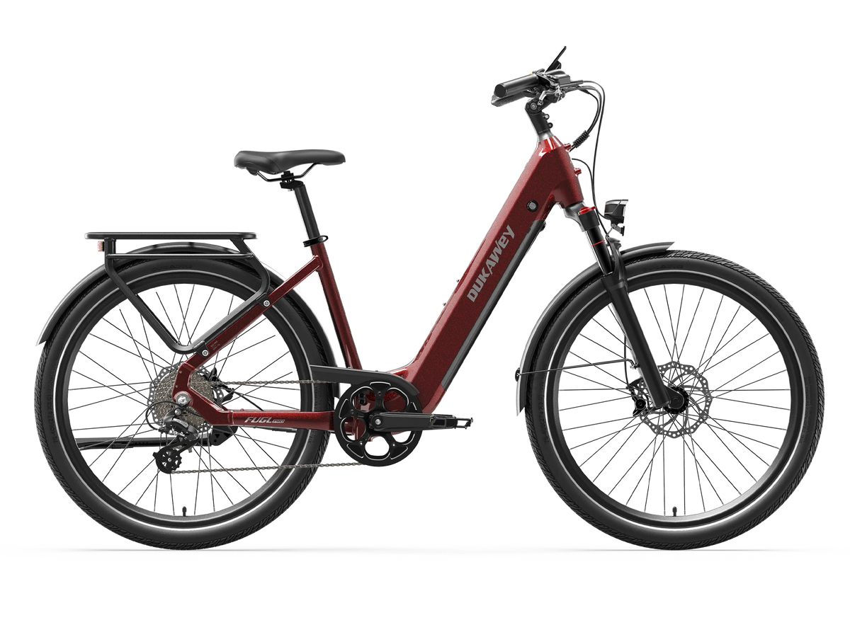 Red Dukawey FUGL Pro step-through electric bike, side view