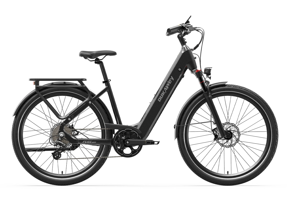 Black Dukawey FUGL Pro step-through electric bike, side view
